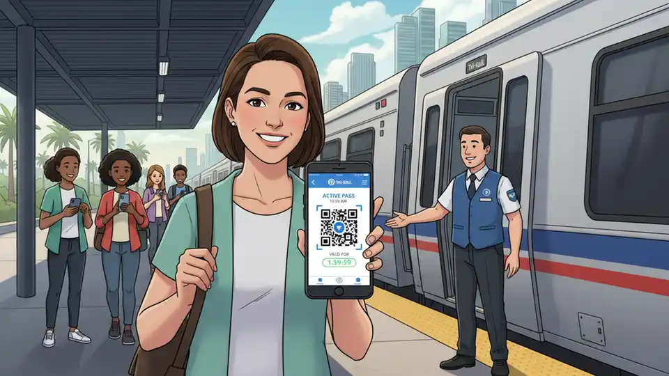 Transit rider tapping smartphone to display mobile fare ticket while boarding Tri-Rail train, showing app interface with active fare pass
