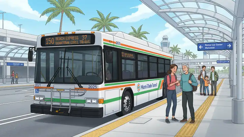 Miami-Dade Metrobus at Miami International Airport transit station with multiple route numbers displayed