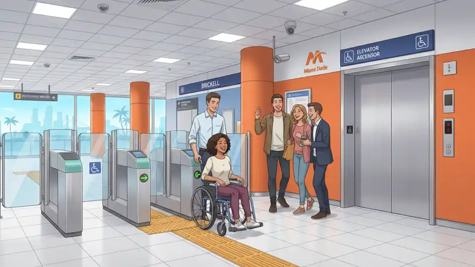 Accessible fare gate and elevator entrance at Miami-Dade Metrorail station