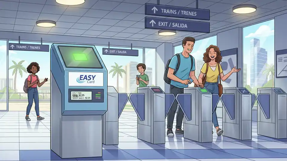 Transit fare card reader at station entrance with EASY Card logo visible on payment terminal
