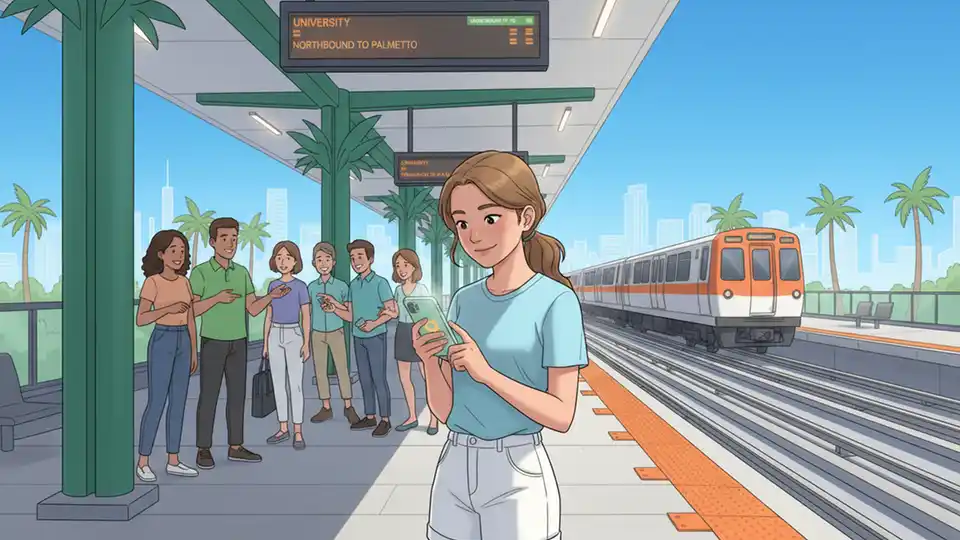 Transit passenger using smartphone at Miami-Dade rail station platform