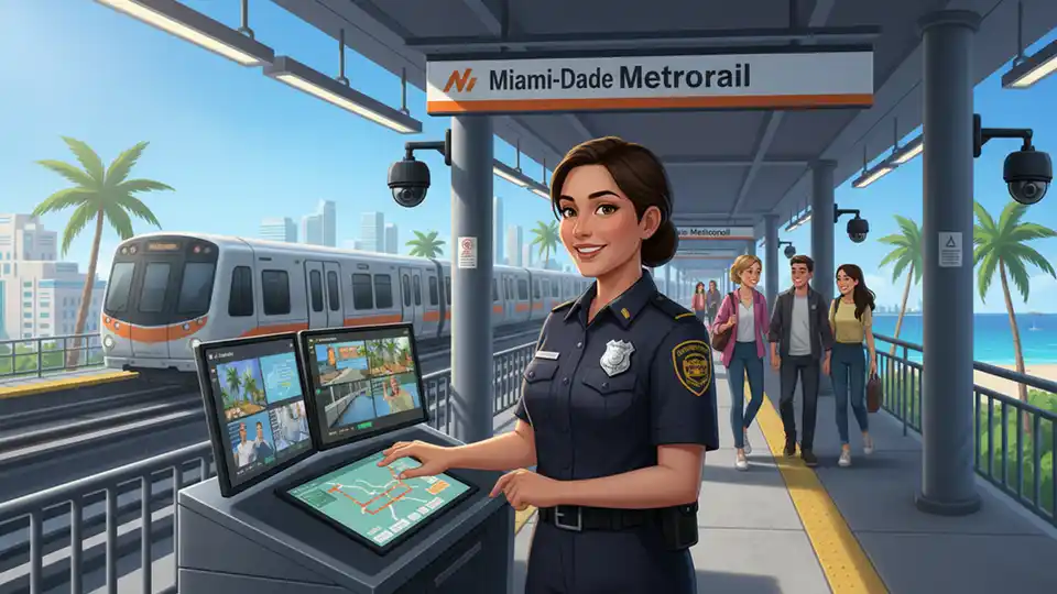 Security guard monitoring Miami-Dade Transit Metrorail station platform with surveillance equipment visible
