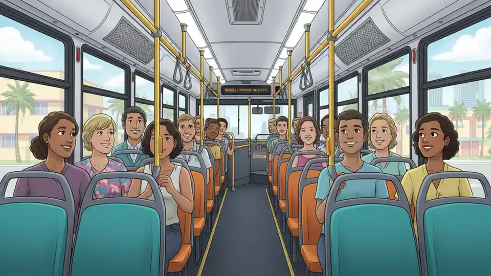 Interior of Miami-Dade Metrobus showing passenger seating area and overhead storage