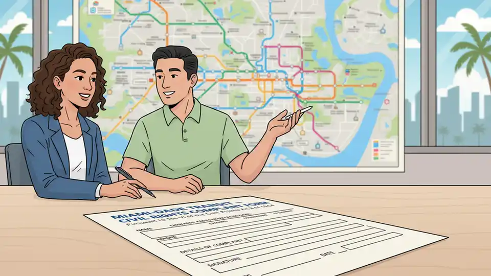 Civil rights complaint form on desk with Miami-Dade transit system map in background