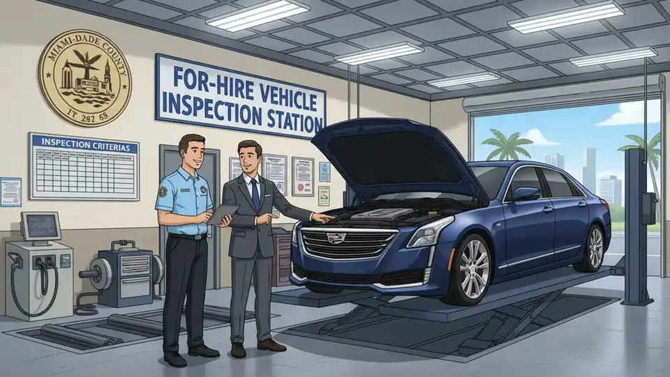 Miami-Dade County for-hire limousine inspection station with luxury sedan undergoing vehicle safety inspection