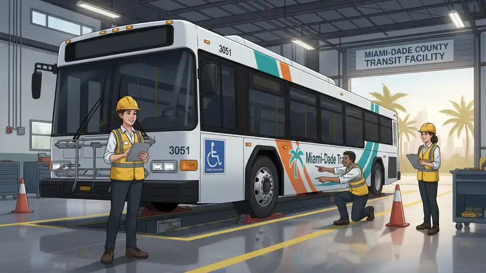 Wheelchair-accessible transit vehicle undergoing safety inspection at county facility