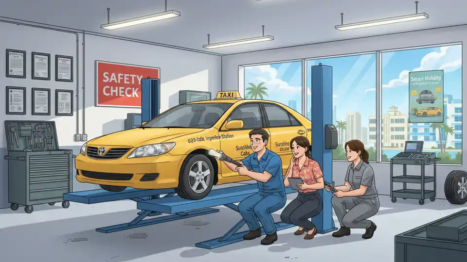 Taxi vehicle undergoing safety inspection at official inspection station with mechanic checking brake system