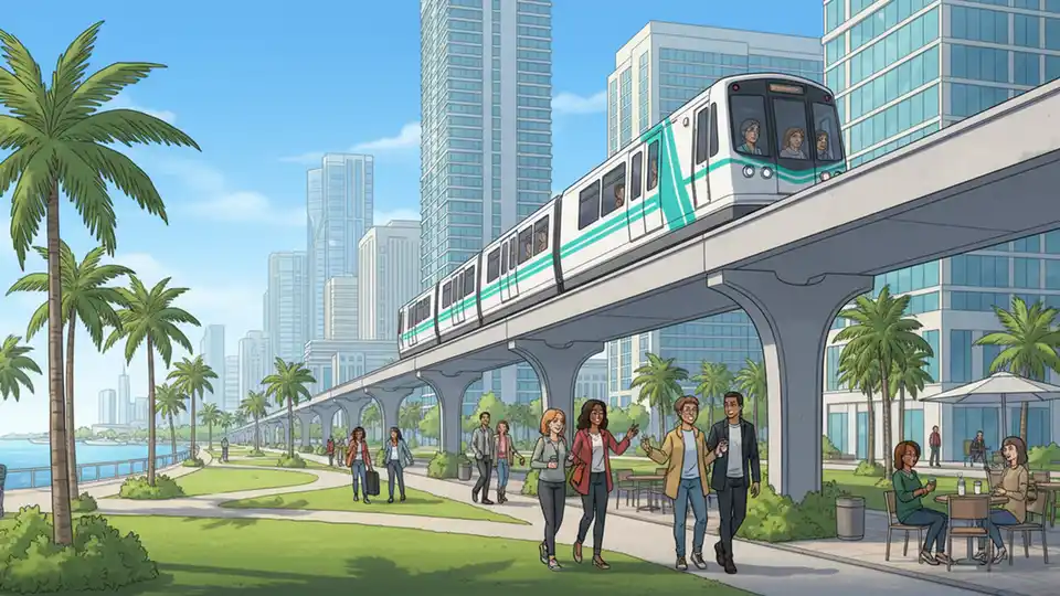 Miami Metromover train on elevated track in downtown Miami with Bayfront Park area visible below