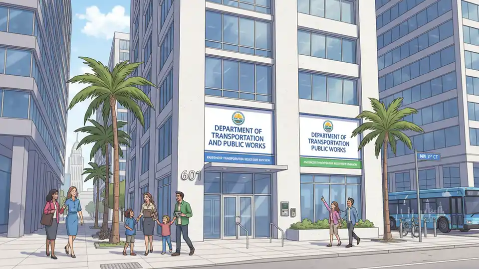Miami-Dade Department of Transportation and Public Works office entrance at 601 NW 1st Court showing signage for Passenger Transportation Regulatory Division