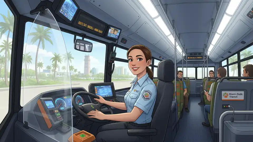 Miami-Dade transit bus operator in driver's seat operating modern transit bus with passenger safety features visible