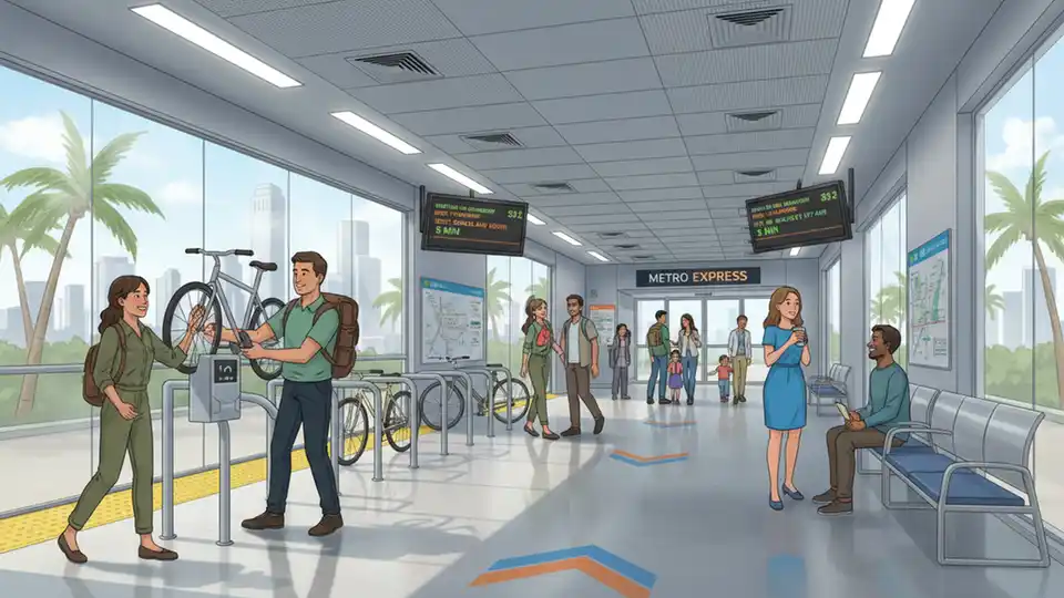 Interior view of a Metro Express BRT station on the South Dade TransitWay showing level boarding platform, real-time arrival display screens, air conditioning vents, and modern waiting area with bike storage facilities visible