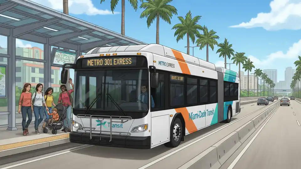 Modern all-electric Metro Express bus at a BRT station platform on the South Dade TransitWay in Miami-Dade County, showing the distinctive 60-foot articulated design with sleek exterior branding