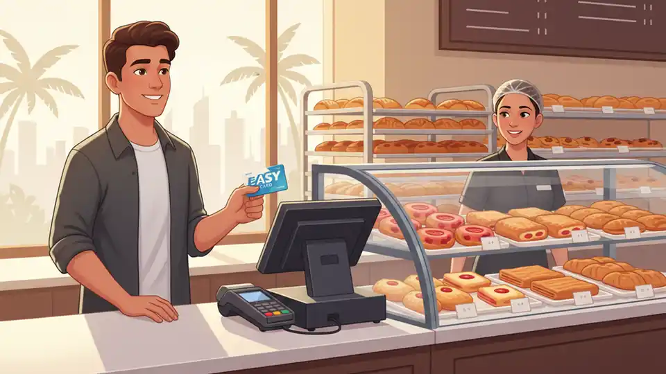 Customer presenting EASY Card at Pinecrest Bakery counter with pastries displayed in background