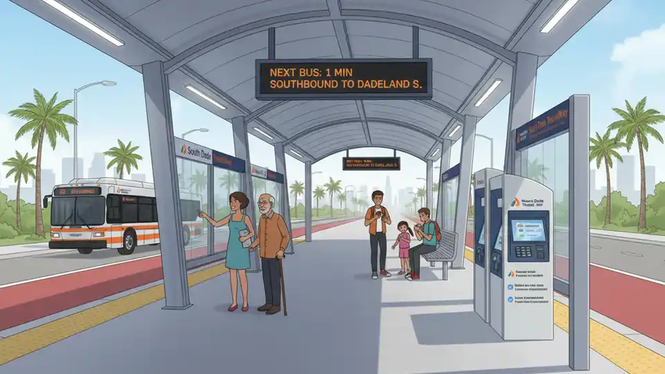 Modern BRT station platform on South Dade TransitWay with covered waiting area, digital displays, and fare collection machines