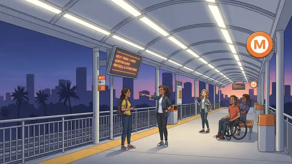 Miami Metrorail station platform with electronic information display showing service advisory during evening hours