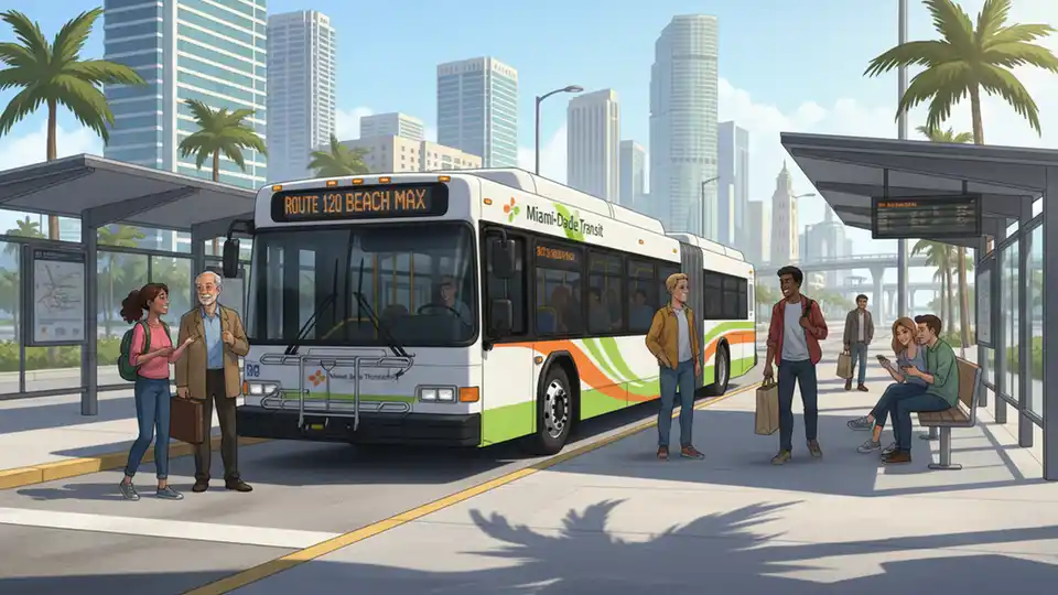Miami-Dade Transit Metrobus at downtown terminal station with passengers waiting