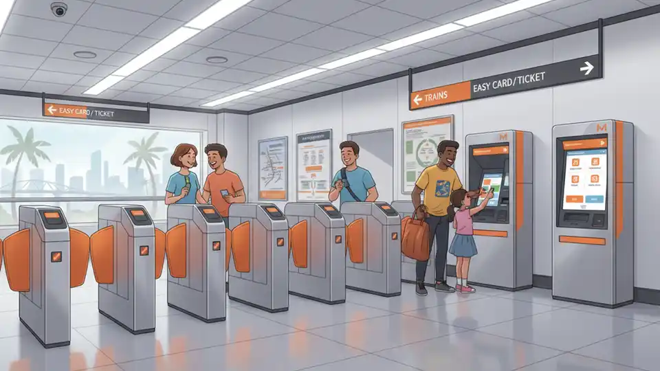 Metrorail fare gate and ticket vending machine at Miami-Dade transit station with payment options displayed