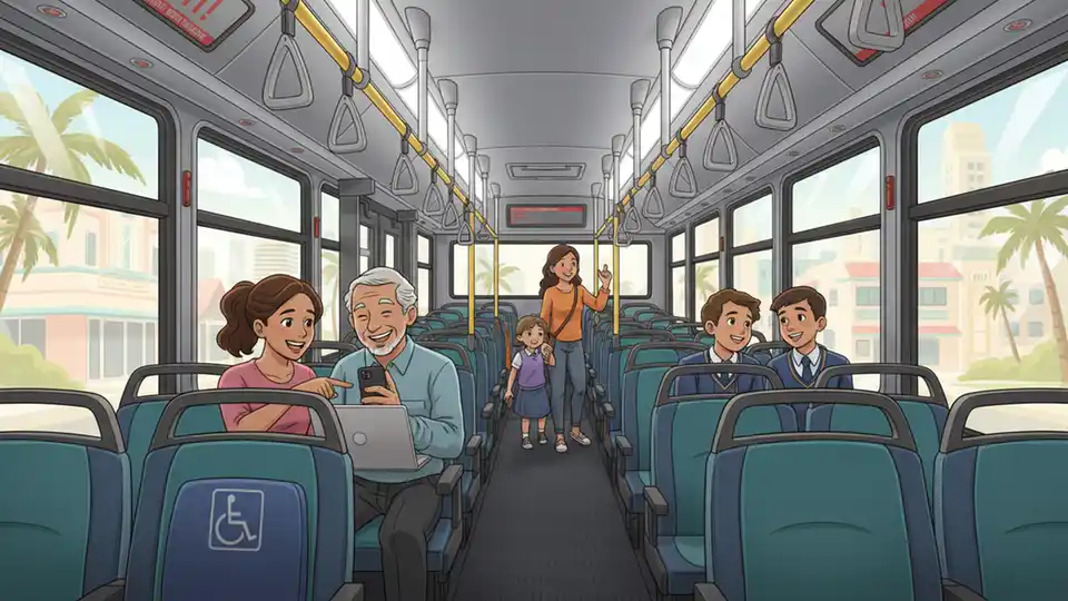 Miami-Dade Transit bus interior showing safety signage and passenger seating area