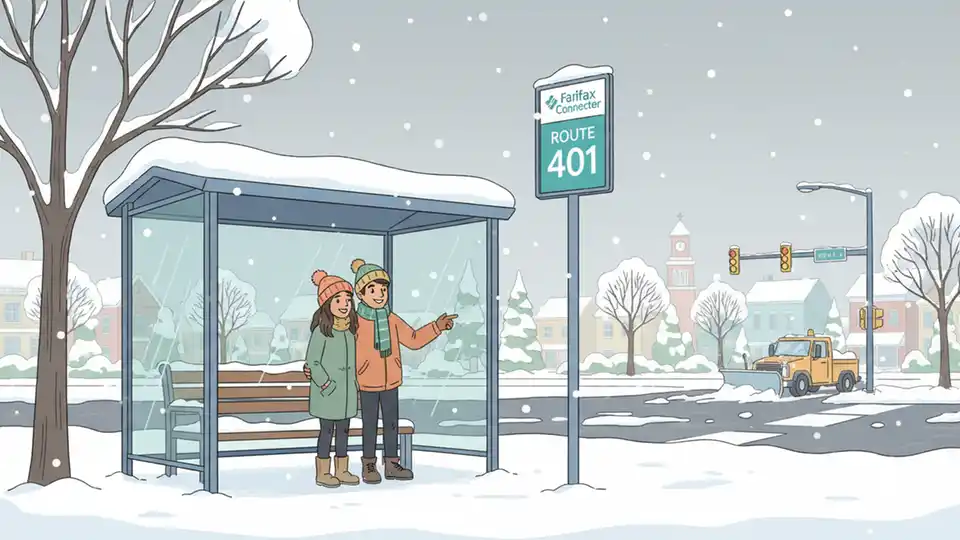 Snow-covered bus stop with Fairfax Connector route sign and winter weather conditions