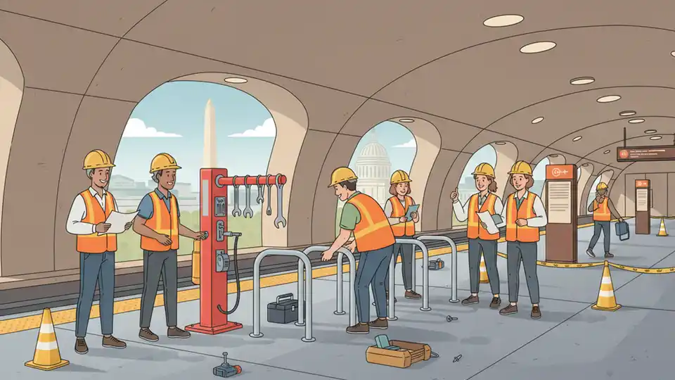 Construction crew installing new bike repair station and U-shaped bike racks at Metro station platform level