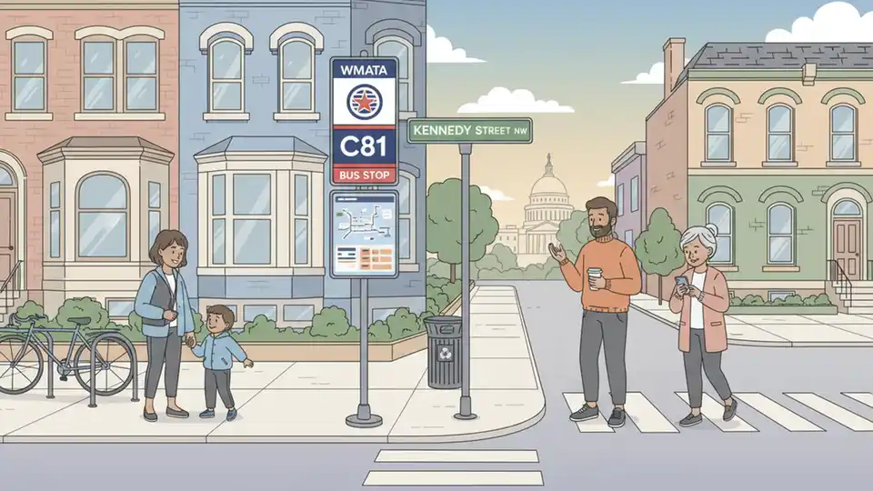 WMATA bus stop sign showing route C81 information with Kennedy Street NW street sign visible in background