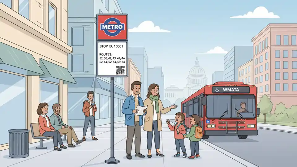 Metro bus stop sign in downtown Washington with route information display