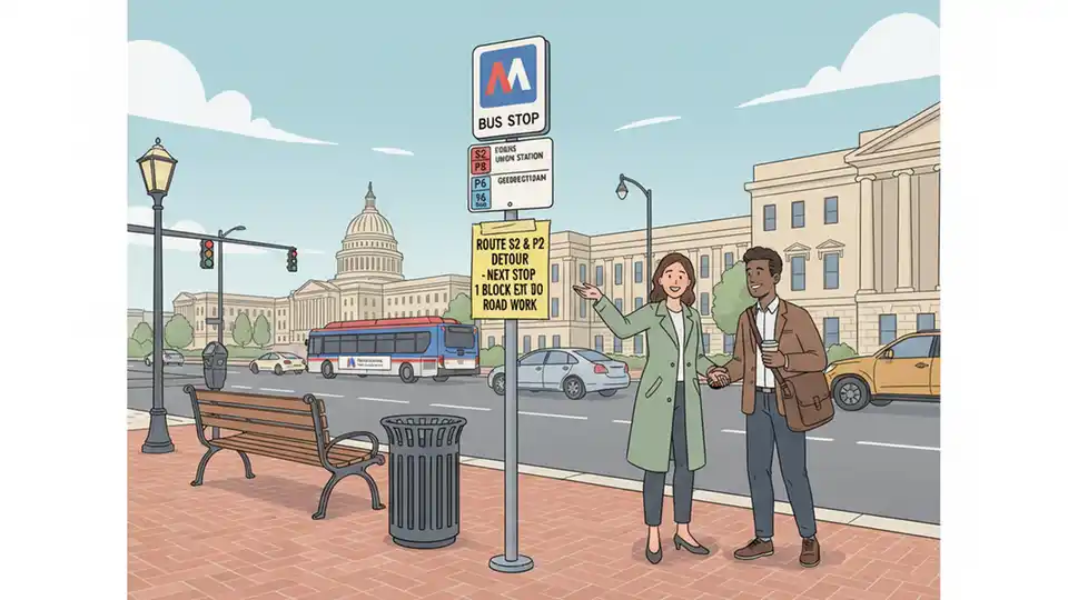 WMATA bus stop sign with temporary detour notice posted in downtown DC