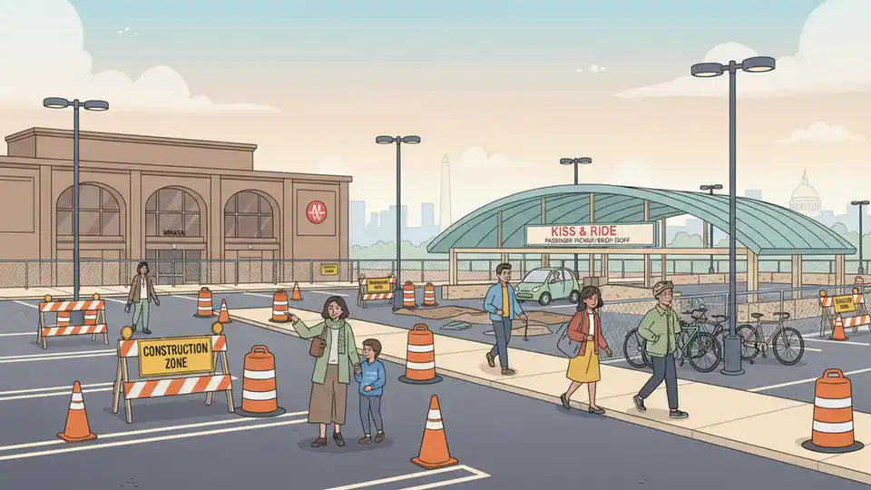 Metro station parking lot with construction barriers and safety signage, Kiss & Ride pickup area in background