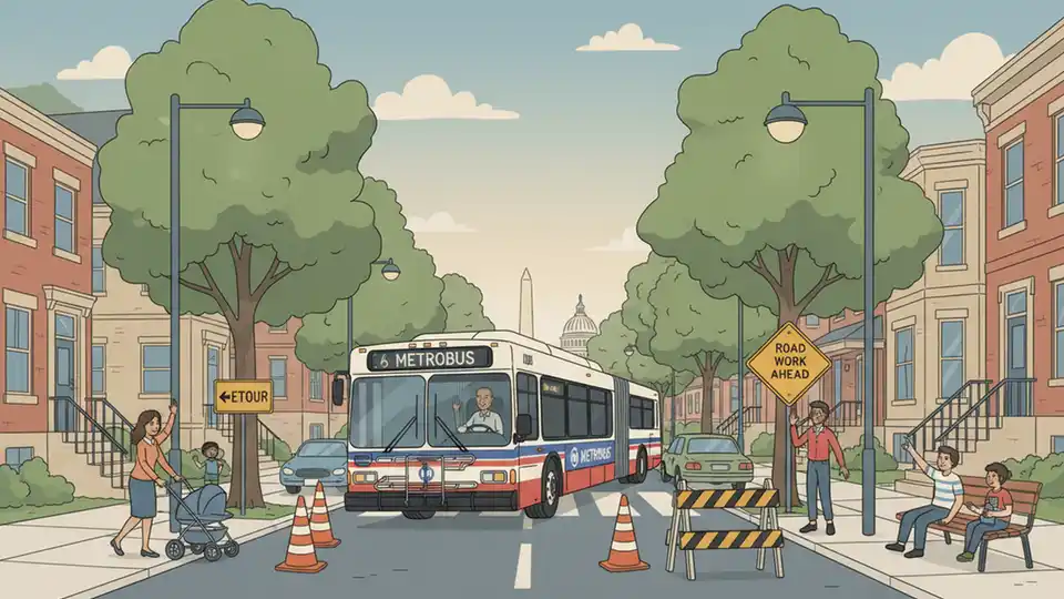 Washington Metro bus navigating a detour route on a residential street with traffic cones and construction signage