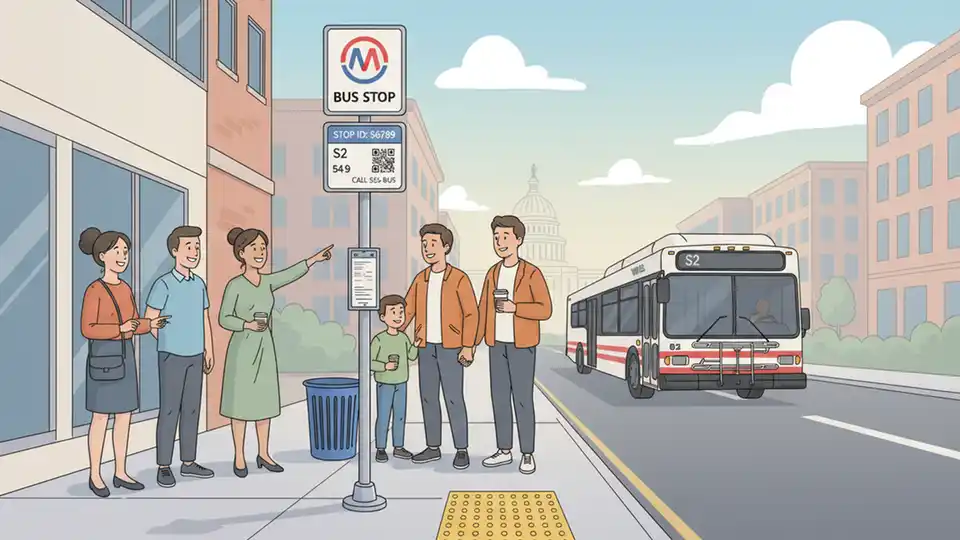 Bus stop sign with Stop ID number and accessibility pad at WMATA bus stop