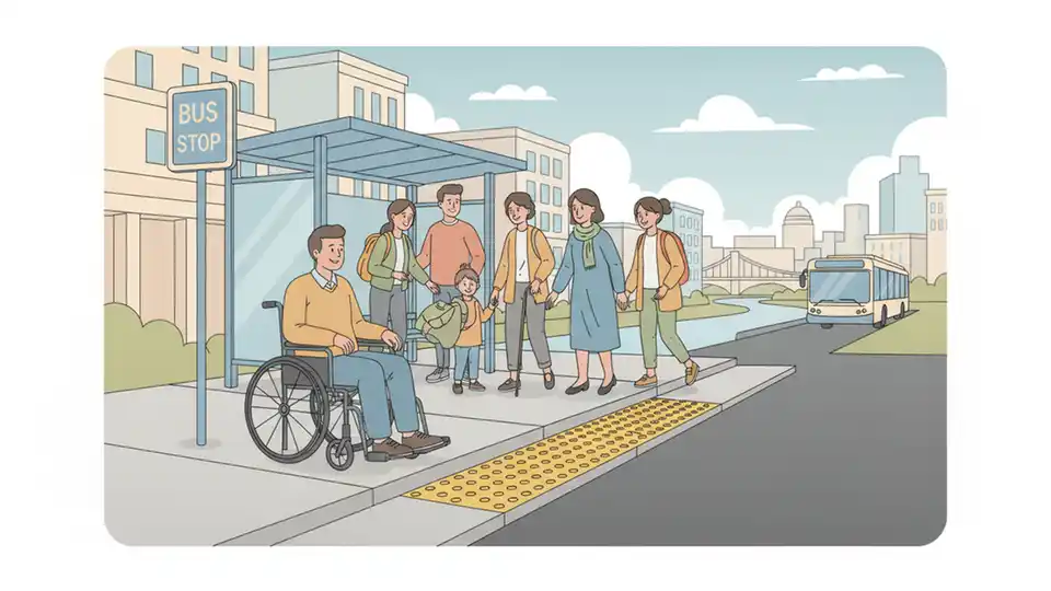 Close-up view of ADA-compliant bus stop pad with tactile warning strips and accessible boarding area on urban roadway, showing wheelchair accessibility features