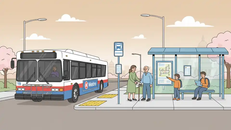 WMATA bus approaching a newly constructed bus stop with ADA-compliant concrete pad on Indian Head Highway, showing accessibility features and route signage