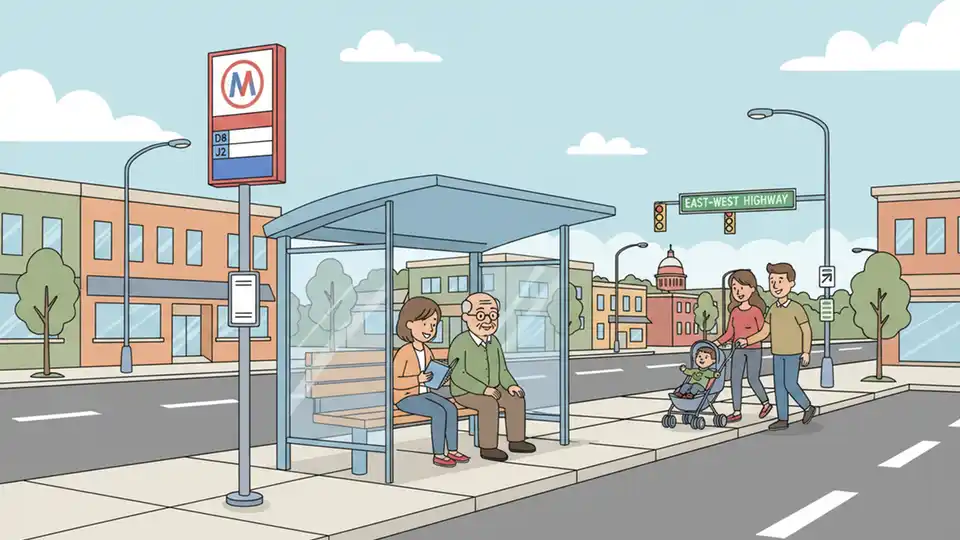 WMATA bus stop sign and shelter on an urban street with East-West Highway visible in background