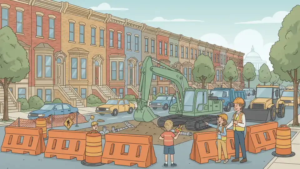 Street construction work zone with orange barriers and equipment on residential DC street with row houses in background