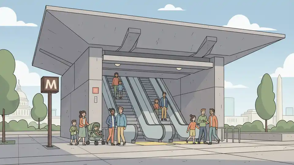 Wide view of Metro escalator system at station entrance with overhead canopy structure, showing protective covering shielding escalators from weather, daytime with clear access for riders