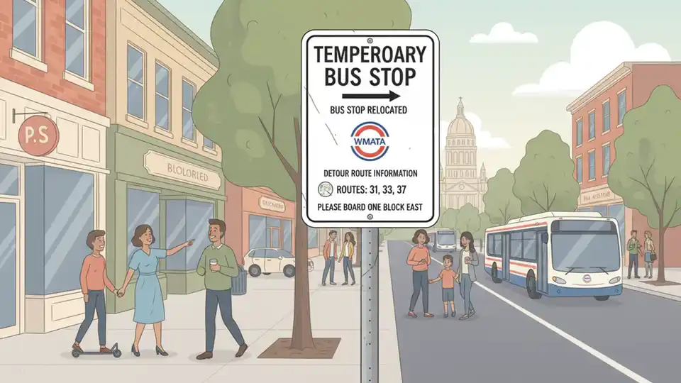 Temporary bus stop sign with detour notice posted on Wisconsin Avenue NW with WMATA route information visible