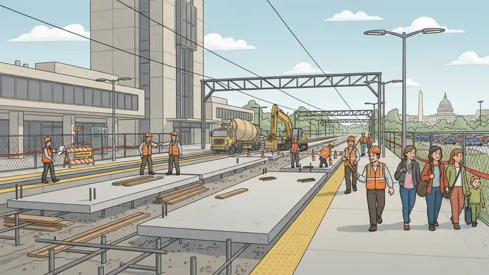 Amtrak platform construction at New Carrollton Station showing modernization work and new platform development