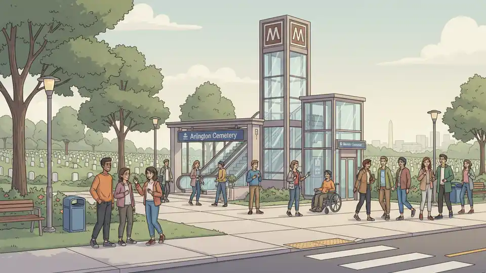 Arlington Cemetery Metro station entrance with escalators and elevator access on Memorial Drive