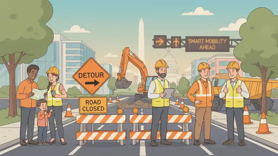 Road construction barriers and equipment blocking street with detour signs directing traffic to alternate route
