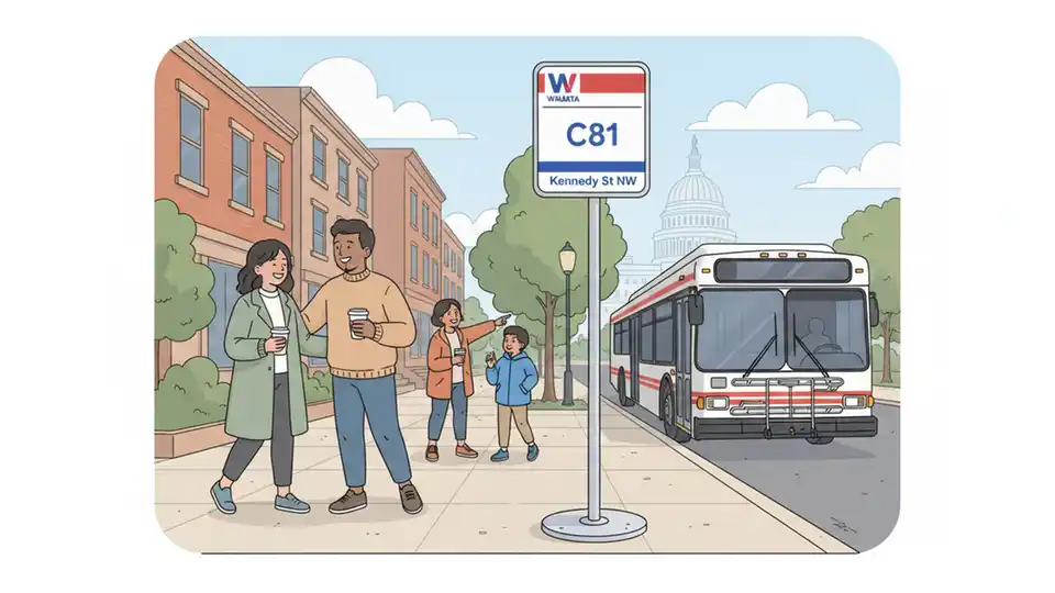 Temporary bus stop sign with WMATA branding showing Route C81 service on Kennedy St NW