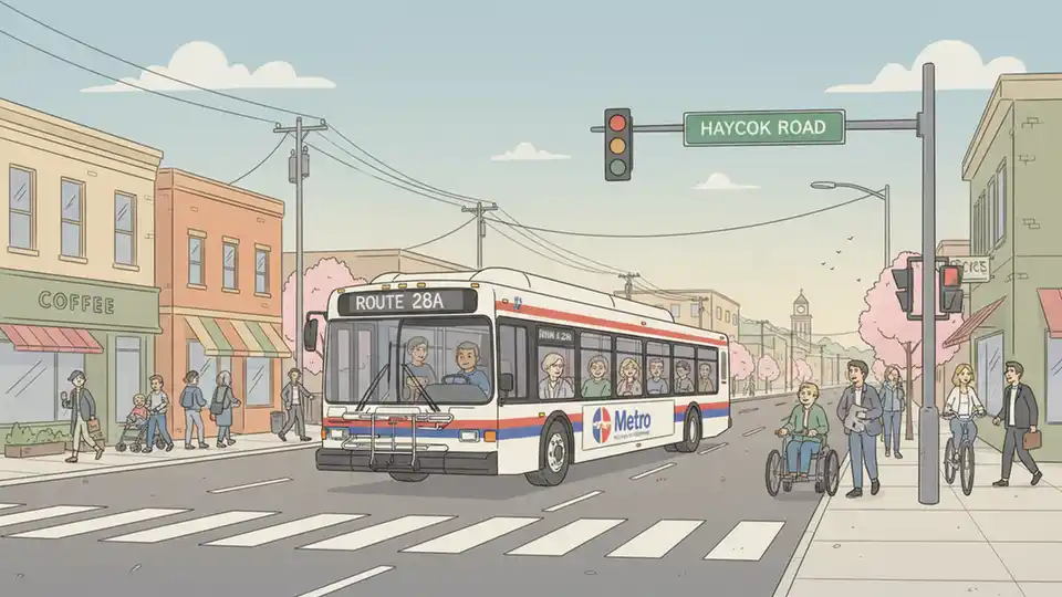 WMATA bus traveling on Leesburg Pike with Haycock Road intersection sign visible in background