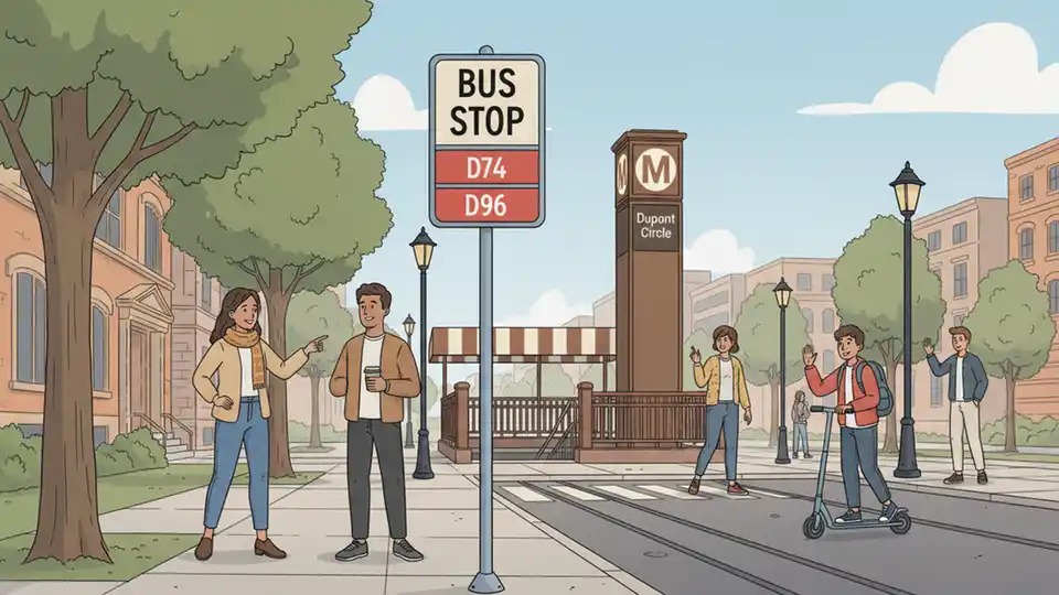 Bus stop sign showing D74 and D96 route numbers with Dupont Circle Metro station entrance in background