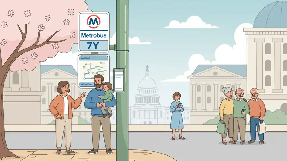 Close-up of a WMATA bus stop sign and pole with route number displayed, showing typical transit stop infrastructure