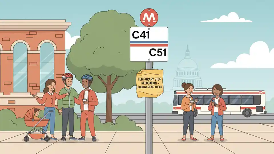 Close-up of WMATA bus stop sign showing C41 and C51 route numbers with temporary relocation notice posted