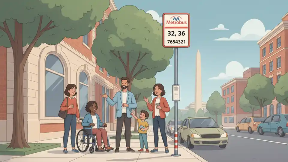 WMATA bus stop sign with route number and stop ID displayed, showing typical DC Metro bus stop infrastructure