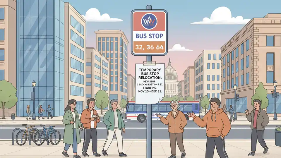 WMATA bus stop sign with temporary relocation notice in downtown DC