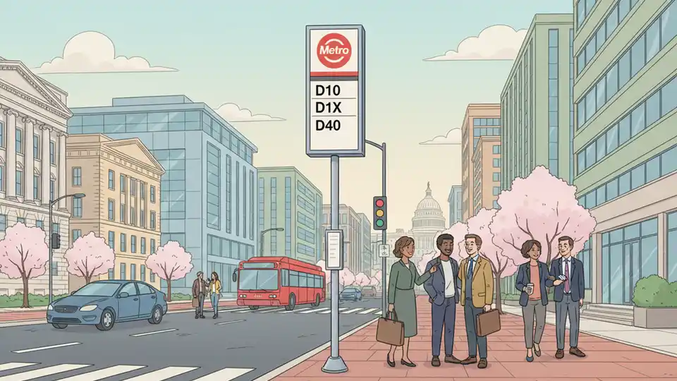 Metro bus stop sign showing route numbers D10, D1X, D40, and D4X with downtown DC street scene
