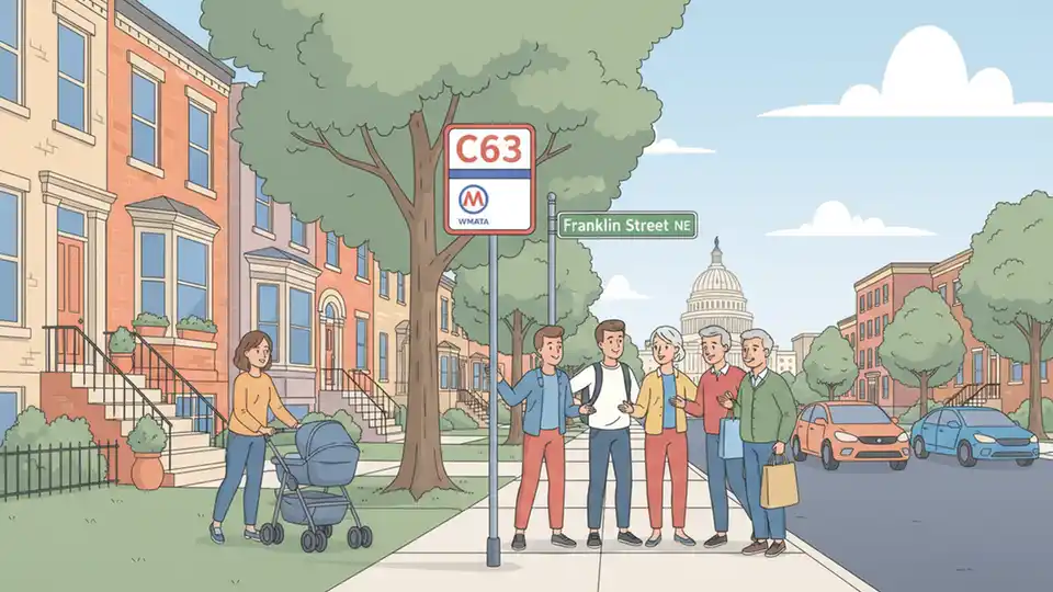 WMATA C63 bus route sign at bus stop with Franklin Street NE street sign visible, showing typical Northeast DC neighborhood setting