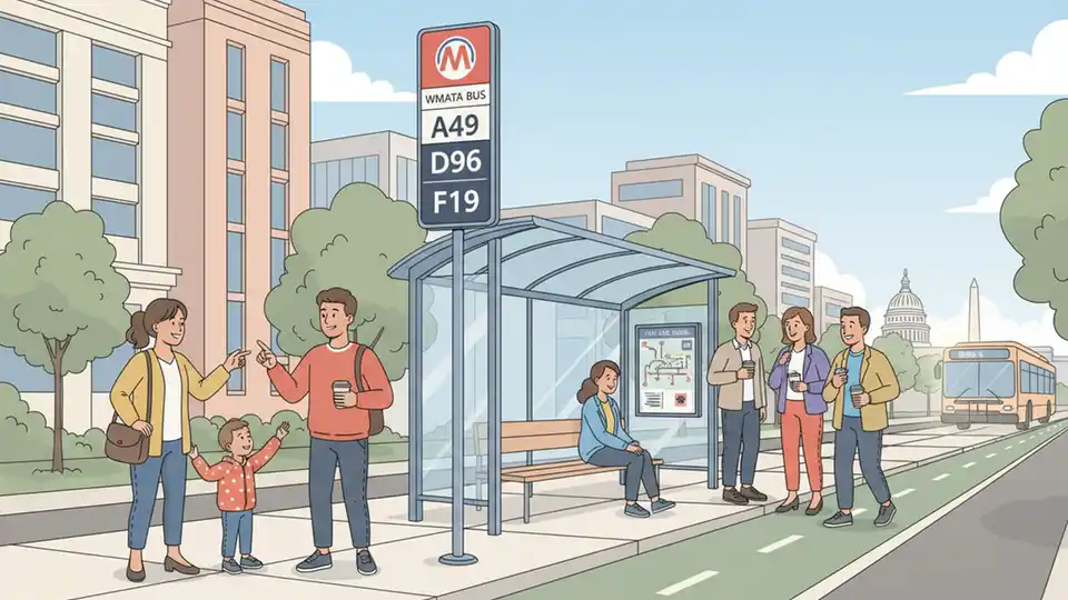 WMATA bus route sign showing route numbers A49, D96, and F19 at downtown bus stop