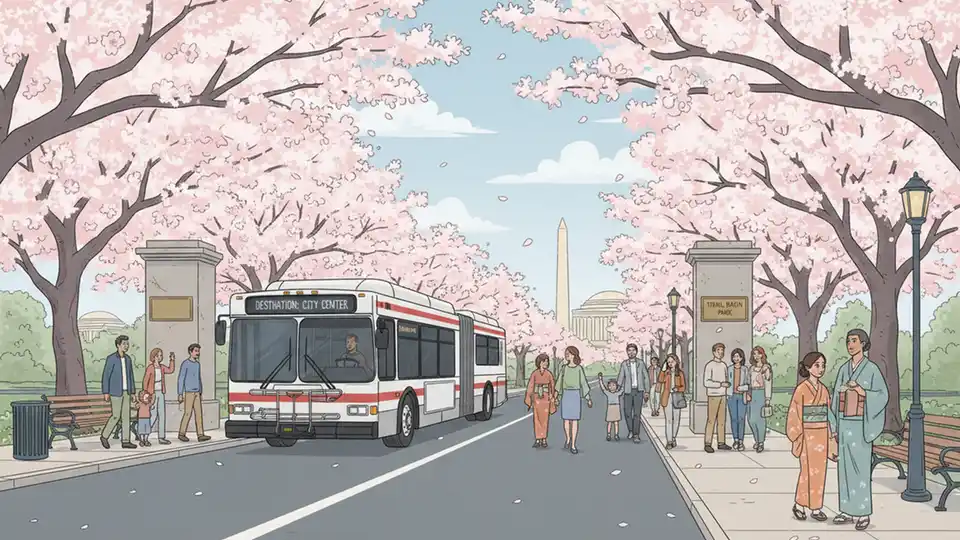 City bus passing cherry blossom trees at urban park entrance with festival visitors
